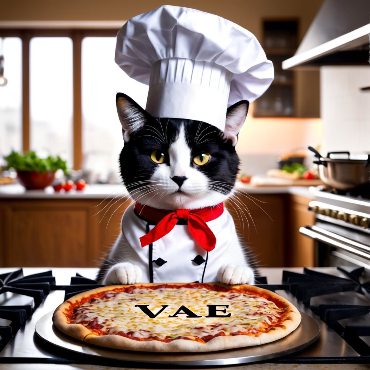 a cat chef is baking a pizza with the text "VAE" on it in an ofen